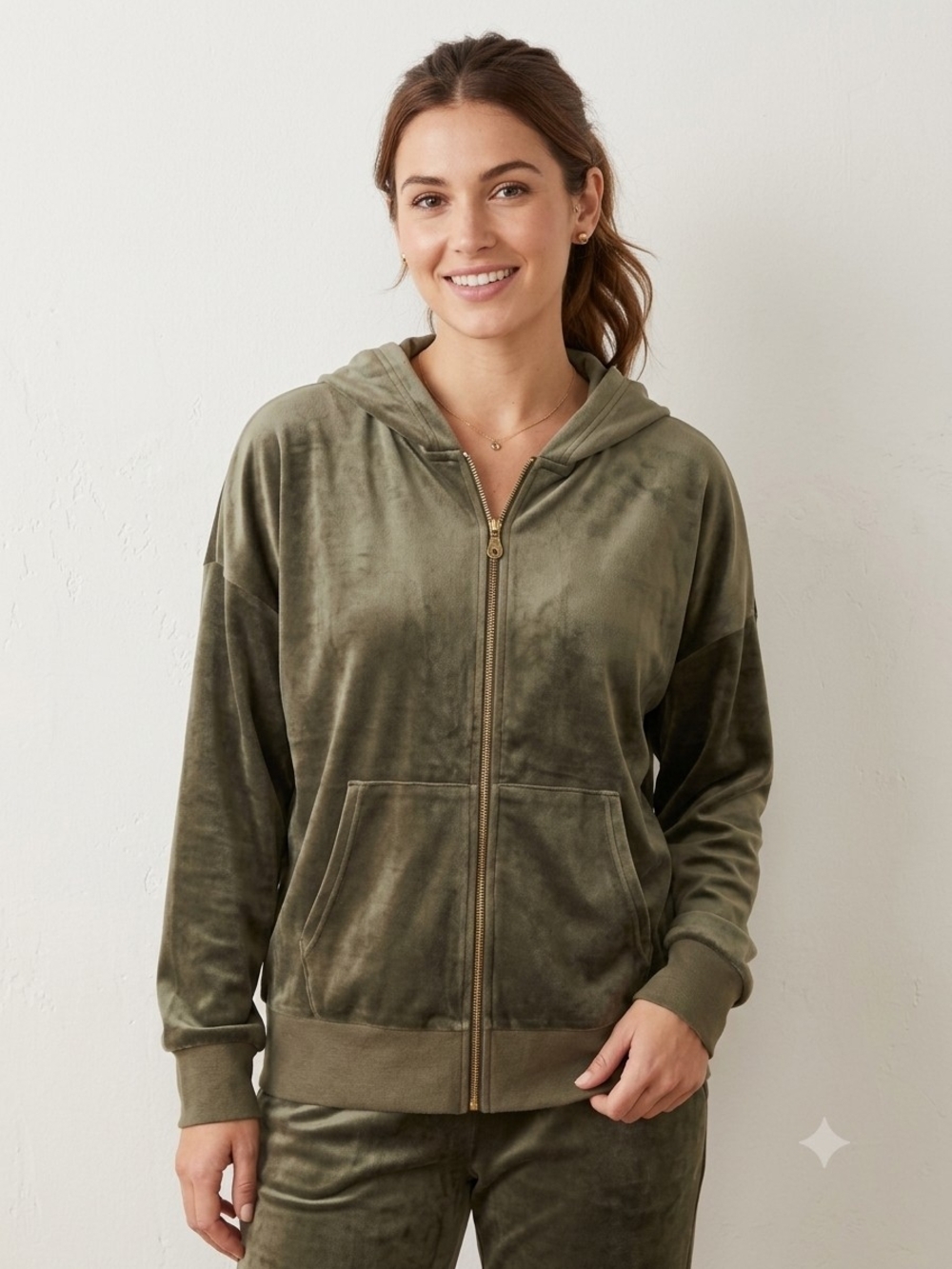 Felina Olive Velvet Zip-Up Hoodie